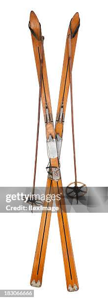 vintage skis & poles - crossed - skistock stock pictures, royalty-free photos & images