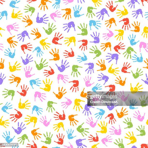colored hands on white. endless colorful background made of handprints - handprint stock illustrations
