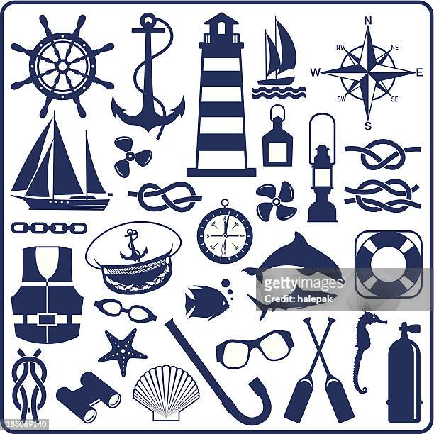 stockillustraties, clipart, cartoons en iconen met blue nautical symbols - zeilboot