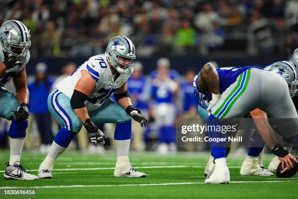 Zack Martin of the Dallas Cowboys lines up during an NFL football game against the Seattle Seahawks at AT&T Stadium on November 30, 2023 in...