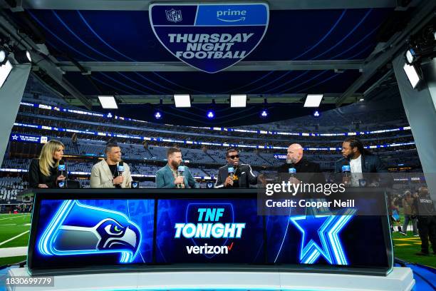 Deion Sanders visits on set of the Amazon Prime TNF pregame show prior to an NFL football game between the Seattle Seahawks and the Dallas Cowboys at...