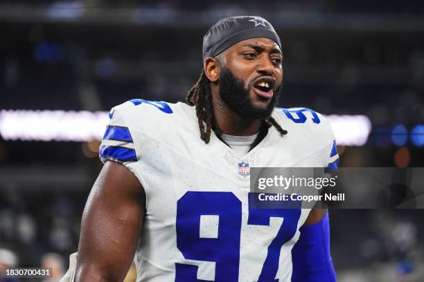 Osa Odighizuwa of the Dallas Cowboys walks off of the field after an NFL football game against the Seattle Seahawks at AT&T Stadium on November 30,...