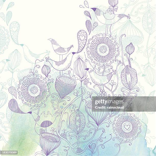 fancy flowers and bird - violet flower stock illustrations