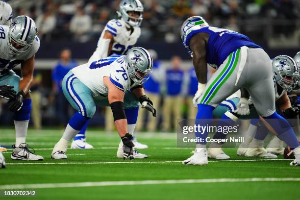 Zack Martin of the Dallas Cowboys lines up during an NFL football game against the Seattle Seahawks at AT&T Stadium on November 30, 2023 in...