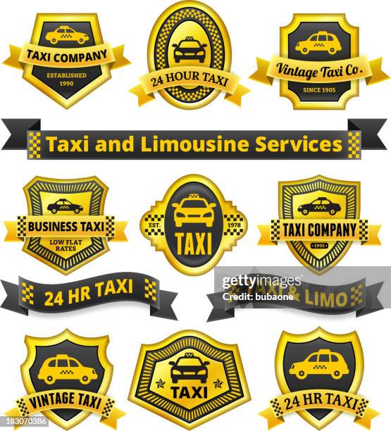 illustrazioni stock, clip art, cartoni animati e icone di tendenza di taxi e limousine & set di badge oro nero - taxi giallo