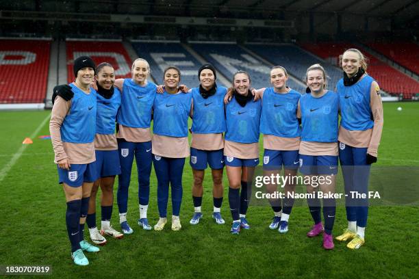 Players of England pose for a photo during a training session at Hampden Park on December 04, 2023 in Glasgow, Scotland.