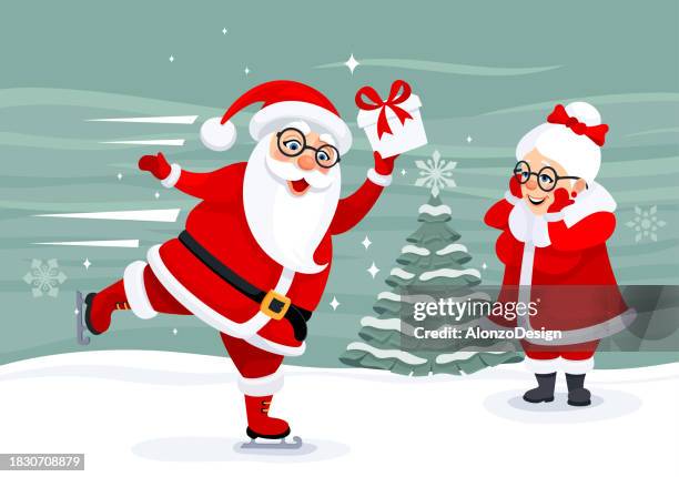 santa claus gracefully skating while carrying a gift for mrs. claus. - funny dancing stock illustrations