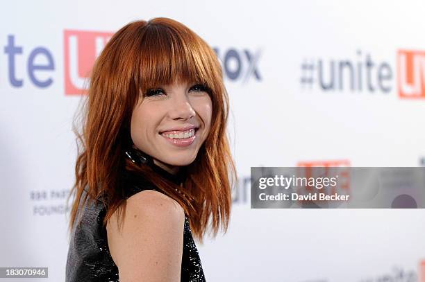 Singer Carly Rae Jepsen arrives to perform at the "UniteLIVE: The Concert to Rock Out Bullying" at the Thomas & Mack Center on October 3, 2013 in Las...