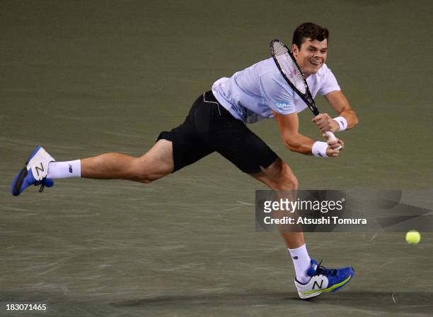 Milos Raonic of Canada in action during men's quarter final singles match against Lukas Lacko of Slovakia during day five of the Rakuten Open at...