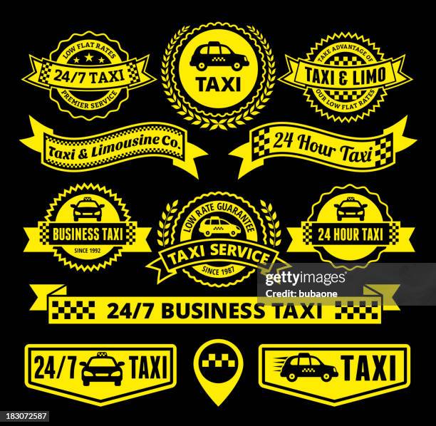 illustrazioni stock, clip art, cartoni animati e icone di tendenza di servizio limousine e taxi set di badge - taxi giallo