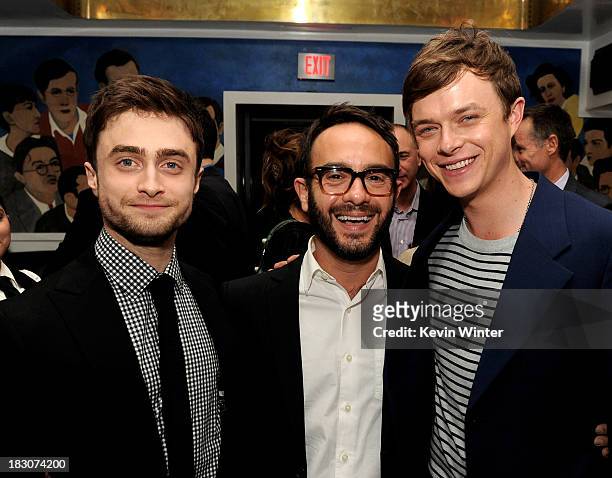 Actor Daniel Radcliffe, writer/producer/director John Krokidas and actor Dane DeHaan pose at the after party for the premiere of Sony Pictures...