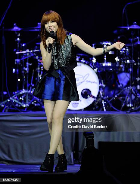 Singer Carly Rae Jepsen performs during the "UniteLIVE: The Concert to Rock Out Bullying" at the Thomas & Mack Center on October 3, 2013 in Las...