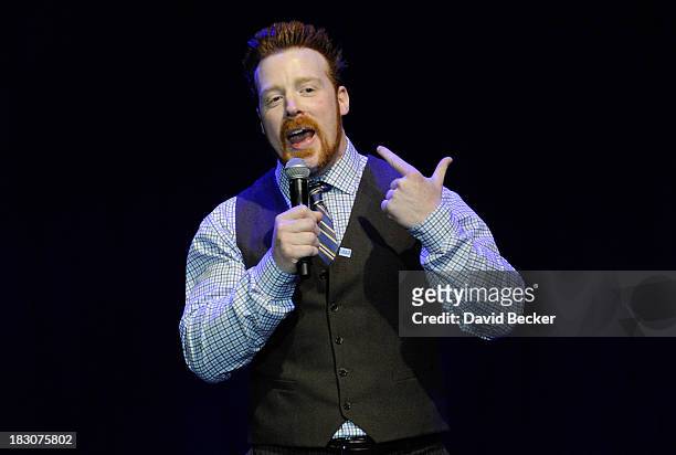 Professional wrestler Sheamus speaks during the "UniteLIVE: The Concert to Rock Out Bullying" at the Thomas & Mack Center on October 3, 2013 in Las...