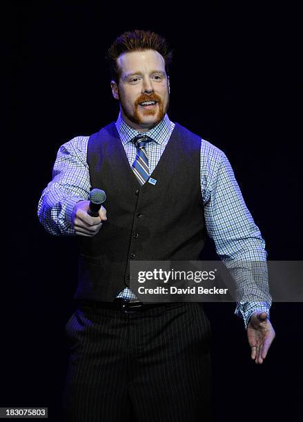 Professional wrestler Sheamus speaks during the "UniteLIVE: The Concert to Rock Out Bullying" at the Thomas & Mack Center on October 3, 2013 in Las...