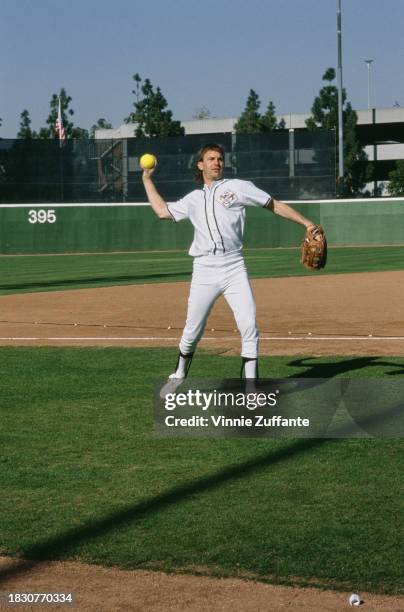 American actor and film director Kevin Costner, wearing the kit of the Salamanders, during MTV's inaugural Rock N' Jock Diamond Derby, held at...