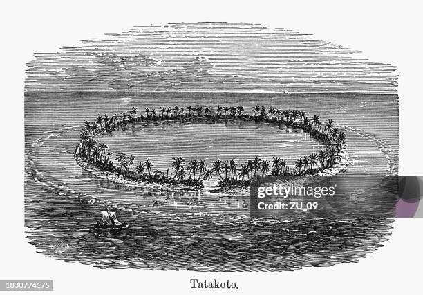 ilustrações de stock, clip art, desenhos animados e ícones de historical view of tatakoto, french polynesia, wood engraving, published 1894 - tuamotus