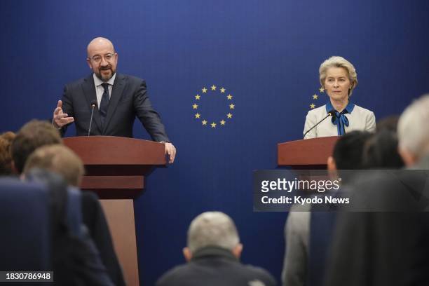 European Council President Charles Michel and European Commission President Ursula von der Leyen attend a joint press conference after holding talks...