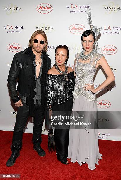 Actor Kayd Currier, designer Sue Wong and muse Brandise Danesewich arrive for A la mode Productions Presents Designers Night Out at Sofitel Hotel on...