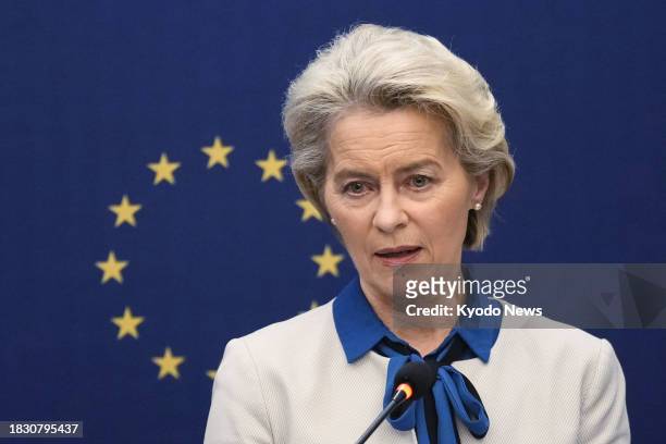 European Commission President Ursula von der Leyen attends a joint press conference with European Council President Charles Michel following their...