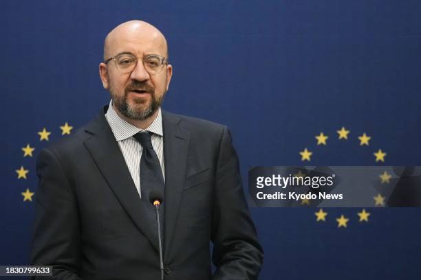European Council President Charles Michel attends a joint press conference with European Commission President Ursula von der Leyen following their...