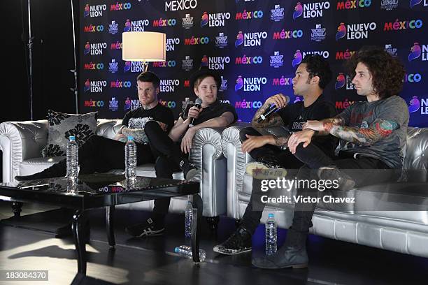 Andy Hurley, Joe Trohman, Pete Wentz and Patrick Stump of Fall Out Boy attend a press conference during the MTV World Stage Monterrey Mexico 2013 at...