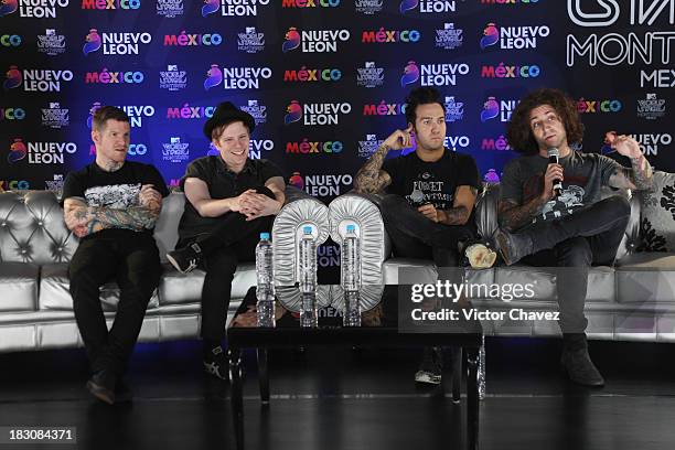 Andy Hurley, Joe Trohman, Pete Wentz and Patrick Stump of Fall Out Boy attend a press conference during the MTV World Stage Monterrey Mexico 2013 at...