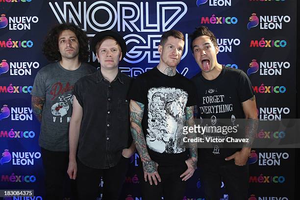Joe Trohman, Patrick Stump, Andy Hurley, Pete Wentz of Fall Out Boy attend a press conference during the MTV World Stage Monterrey Mexico 2013 at...