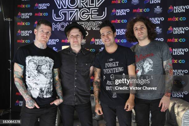 Joe Trohman, Patrick Stump, Andy Hurley, Pete Wentz of Fall Out Boy attend a press conference during the MTV World Stage Monterrey Mexico 2013 at...