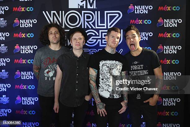 Joe Trohman, Patrick Stump, Andy Hurley, Pete Wentz of Fall Out Boy attend a press conference during the MTV World Stage Monterrey Mexico 2013 at...