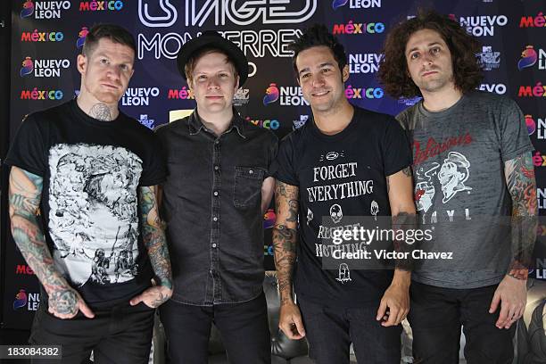 Joe Trohman, Patrick Stump, Andy Hurley, Pete Wentz of Fall Out Boy attend a press conference during the MTV World Stage Monterrey Mexico 2013 at...