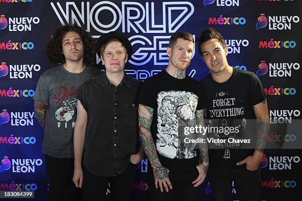 Joe Trohman, Patrick Stump, Andy Hurley, Pete Wentz of Fall Out Boy attend a press conference during the MTV World Stage Monterrey Mexico 2013 at...