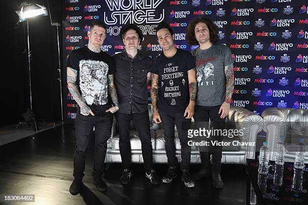 Joe Trohman, Patrick Stump, Andy Hurley, Pete Wentz of Fall Out Boy attend a press conference during the MTV World Stage Monterrey Mexico 2013 at...