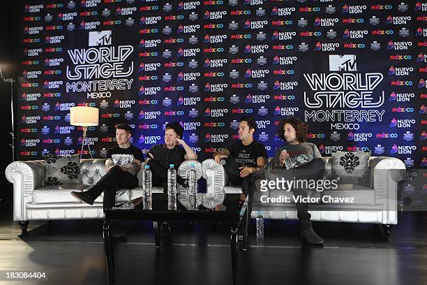 Andy Hurley, Joe Trohman, Pete Wentz and Patrick Stump of Fall Out Boy attend a press conference during the MTV World Stage Monterrey Mexico 2013 at...