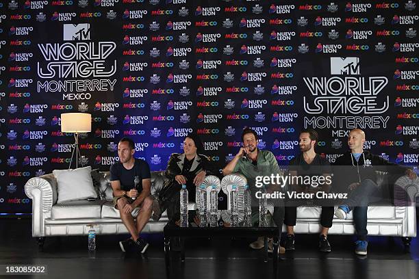 Chuck Comeau, David Desrosiers, Pierre Bouvier, Sebastien Lefebvre, Jeff Stinco of Simple Plan attends a press conference during the MTV World Stage...