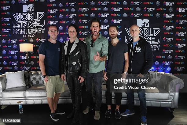 Chuck Comeau, David Desrosiers, Pierre Bouvier, Sebastien Lefebvre, Jeff Stinco of Simple Plan attend a press conference during the MTV World Stage...
