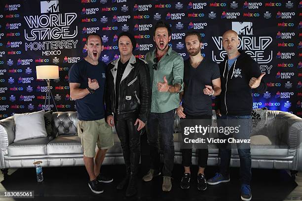 Chuck Comeau, David Desrosiers, Pierre Bouvier, Sebastien Lefebvre, Jeff Stinco of Simple Plan attend a press conference during the MTV World Stage...