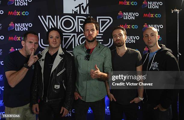 Chuck Comeau, David Desrosiers, Pierre Bouvier, Sebastien Lefebvre, Jeff Stinco of Simple Plan attend a press conference during the MTV World Stage...