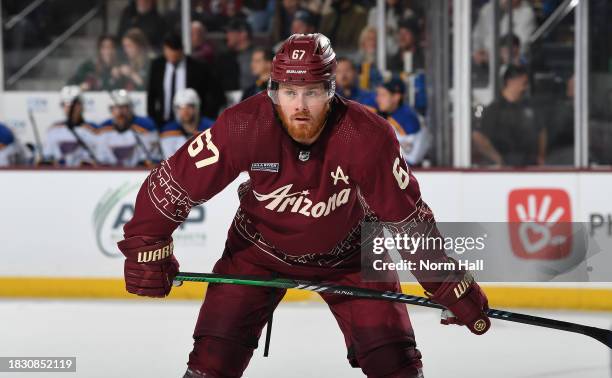 Lawson Crouse of the Arizona Coyotes gets ready during a face off against the St Louis Blues at Mullett Arena on December 02, 2023 in Tempe, Arizona.