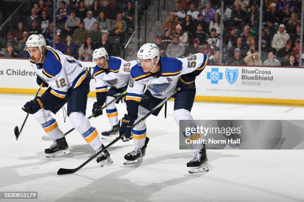 Colton Parayko of the St Louis Blues lines up during a face-off against the Arizona Coyotes at Mullett Arena on December 02, 2023 in Tempe, Arizona....