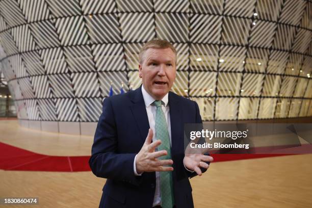 Michael McGrath, Ireland's finance minister, speaks to members of the media as he arrives for a Eurogroup meeting in Brussels, Belgium, on Thursday,...