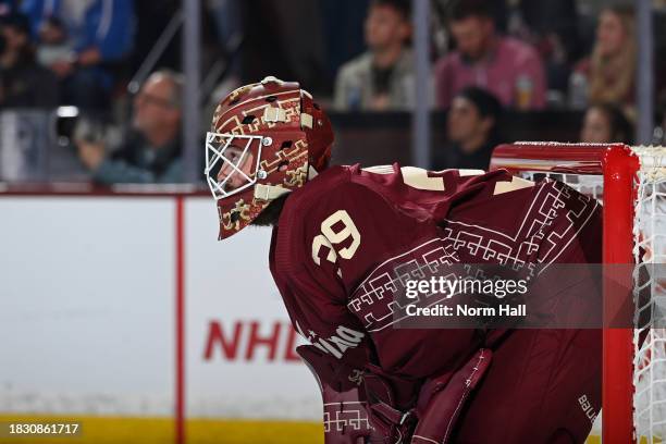 Connor Ingram of the Arizona Coyotes gets ready for the start of the second period against the St Louis Blues at Mullett Arena on December 02, 2023...