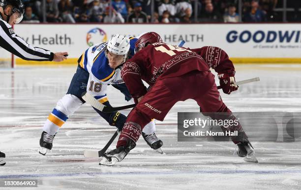 Robert Thomas of the St Louis Blues takes a face off against the Arizona Coyotes at Mullett Arena on December 02, 2023 in Tempe, Arizona.