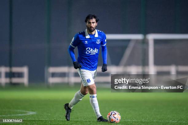 Andre Gomes of Everton on the ball during the Premier League 2 match between Everton and Southampton at Finch Farm on December 04, 2023 in Halewood,...