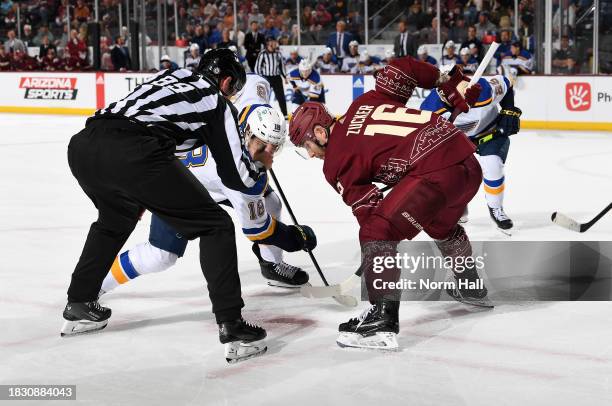 Jason Zucker of the Arizona Coyotes takes a face off against the St Louis Blues at Mullett Arena on December 02, 2023 in Tempe, Arizona.