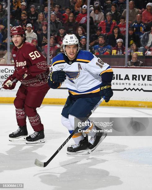 Robert Thomas of the St Louis Blues skates up ice against the Arizona Coyotes at Mullett Arena on December 02, 2023 in Tempe, Arizona.