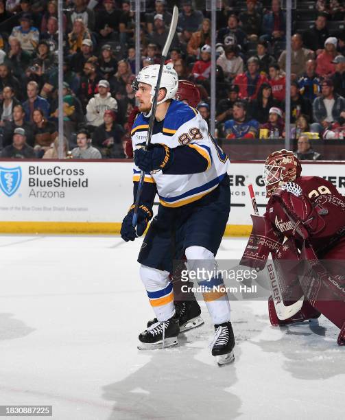 Pavel Buchnevich of the St Louis Blues skates up ice against the Arizona Coyotes at Mullett Arena on December 02, 2023 in Tempe, Arizona.