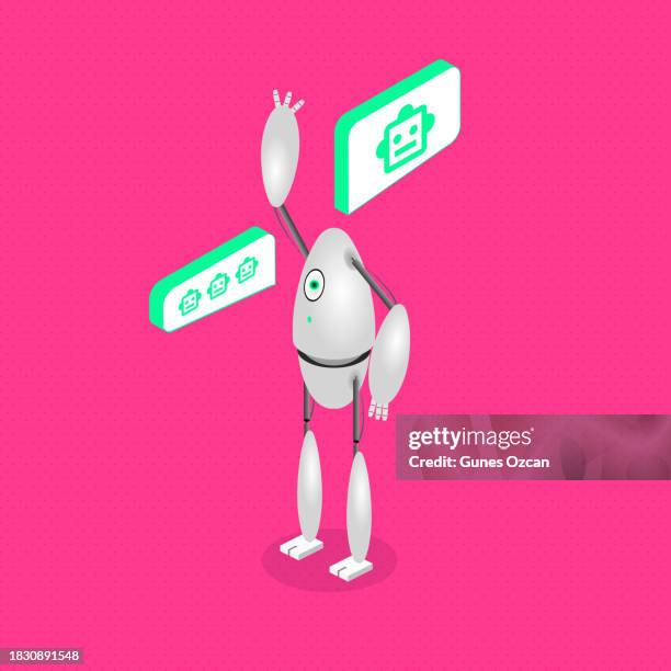 isometric humanoid robot - chatbot talking - modern technology - communication device - a.i. - chat with ai - artificial intelligence assistance in real life - smart home solution - speech recognition - voice command - real life stock illustrations