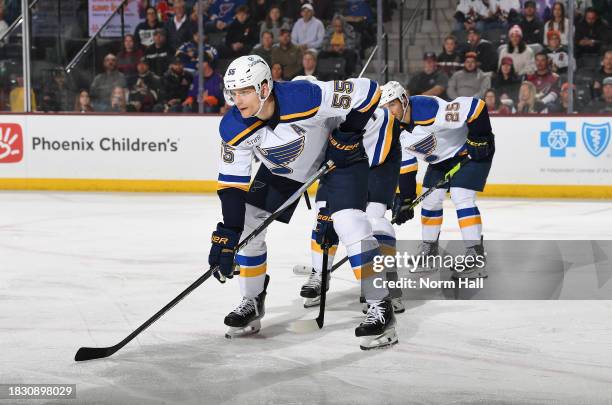 Colton Parayko of the St Louis Blues lines up during a face-off against the Arizona Coyotes at Mullett Arena on December 02, 2023 in Tempe, Arizona....