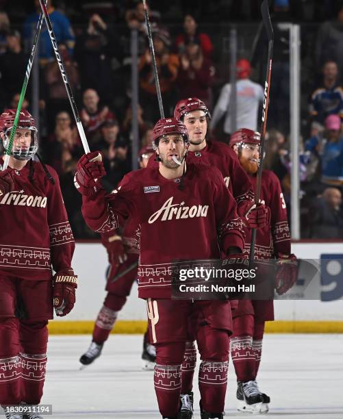 Jason Zucker of the Arizona Coyotes celebrates a win against the St Louis Blues at Mullett Arena on December 02, 2023 in Tempe, Arizona.