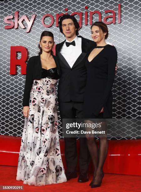 Penelope Cruz, Adam Driver and Shailene Woodley attend the UK Premiere of "Ferrari" at the Odeon Luxe Leicester Square on December 04, 2023 in...